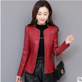 2019春秋新款海寧皮衣女短款韓版修身顯瘦女裝立領(lǐng)皮夾克大碼外套