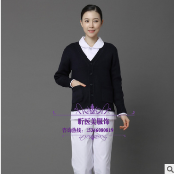 廠家直銷護(hù)士毛衣開衫醫(yī)院護(hù)士服外套藏藍(lán)色V領(lǐng)針織短款修身保暖