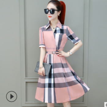 2019新款夏季棉質V領襯衫裙短袖氣質格子收腰顯瘦連衣裙女中長裙