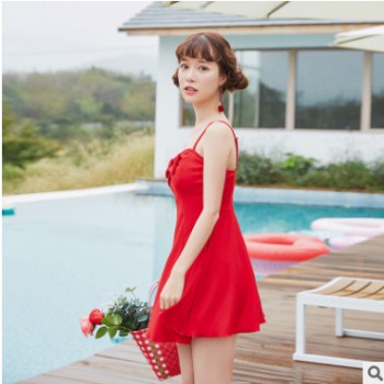 2019新款小桃泳衣經典時尚小胸聚攏遮肚顯瘦連體裙式溫泉游泳衣