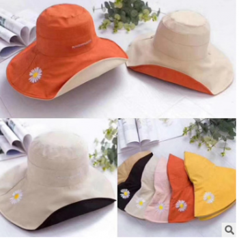網(wǎng)紅小雛菊女帽子雙面戴漁夫帽夏天防曬太陽帽韓國菊花刺繡遮陽帽