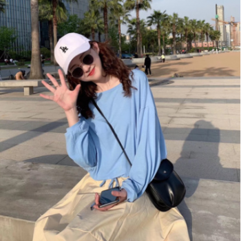 春夏新款簡約百搭純色凈版底邊抽繩寬松長袖T恤空調衫防曬衫f2143