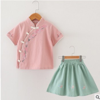 中國風(fēng)女童夏季新款純棉超仙兒漢服套裝民族女童復(fù)古盤扣仙女裙子