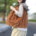 耳光文藝復古寬松隨性拼色連帽大口袋馬甲燈芯絨外套女2019秋