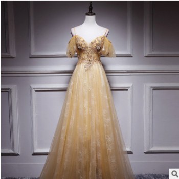 新款宴會(huì)晚禮服高貴氣質(zhì)主持禮服吊帶一字肩長(zhǎng)款刺繡伴娘連衣裙女