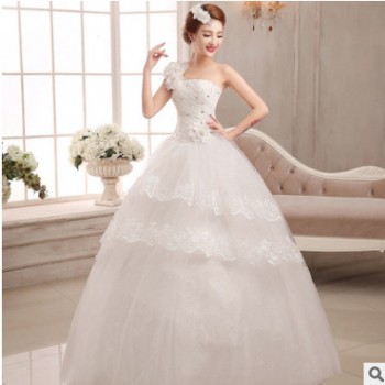 2020新款新娘單肩大碼顯瘦齊地綁帶婚紗 簡約韓式結婚婚紗禮服女