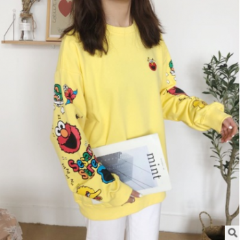 秋季新款韓版減齡百搭袖子卡通印花純棉寬松圓領衛衣女裝uo080621