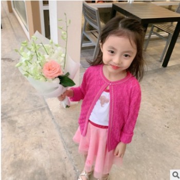 2019歐洲夏季新款兒童開衫女童玫紅色桑蠶絲空調衫寶寶長袖防曬衫