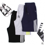 運動短褲男夏季男士休閑健身跑步訓練純棉透氣彈力五分短褲三條杠