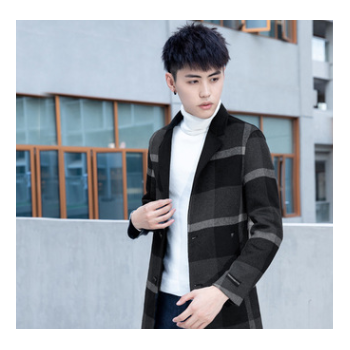 韓版中長款毛呢大衣男士加厚外套 2019秋冬季雙面羊絨格子風衣