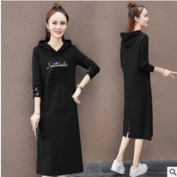 時尚休閑衛衣裙女春季2020新款寬松連帽衫過膝長款連衣裙字母刺繡