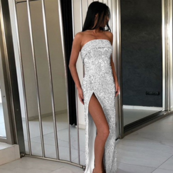 亞馬遜爆款熱賣2019歐美夏季女裝 裹胸開叉性感連衣裙 亮片禮服裙