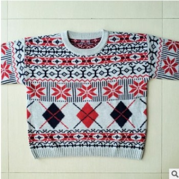 [北歐傳統(tǒng)織花]長(zhǎng)袖低肩圓領(lǐng)童厚毛衣秋冬季條紋幾何圖形間色