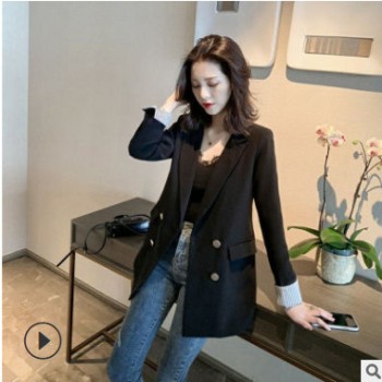 女士西裝外套韓版休閑寬松2020春秋新款雙排扣中長(zhǎng)款小個(gè)子西服女