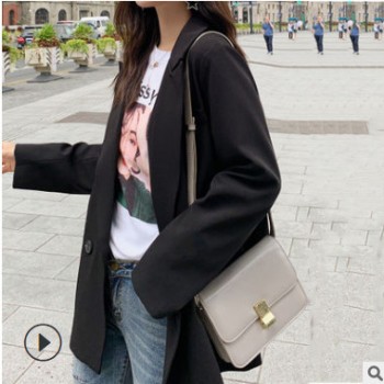 西裝外套女2020春秋新款韓版中長(zhǎng)款網(wǎng)紅學(xué)生黑色小西服女寬松外套