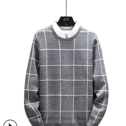 針織衫男秋冬格子假兩件套頭男式毛衣襯衫領加厚保暖針織打底衫