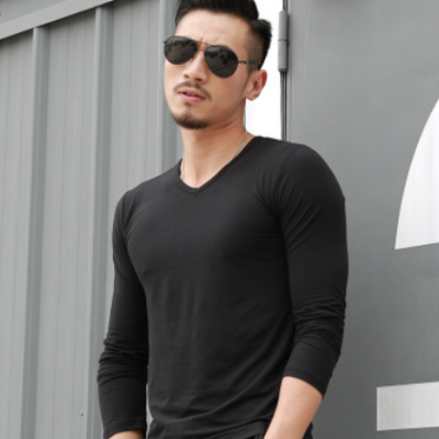 男式長袖純色t恤v領(lǐng)t恤一件代發(fā)純色男裝長袖t恤秋冬休閑打底衫