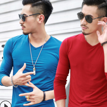 男式長袖純色t恤v領(lǐng)t恤純色男裝長袖t恤春秋休閑打底衫 一件代發(fā)