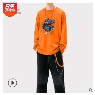 寬松型青少年純色休閑棉無領白色普通長袖秋季t恤