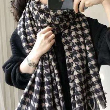 2020新款毛線圍巾女冬季韓版百搭撞色千鳥格加厚學生圍脖長款披肩