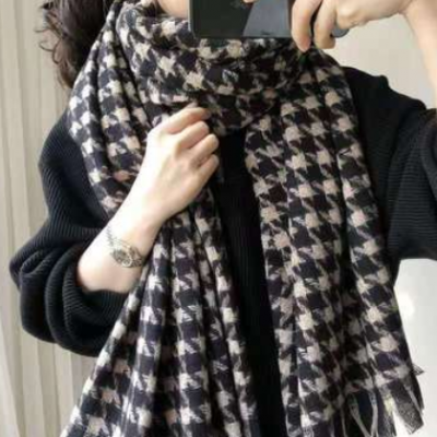 2020新款毛線圍巾女冬季韓版百搭撞色千鳥格加厚學生圍脖長款披肩