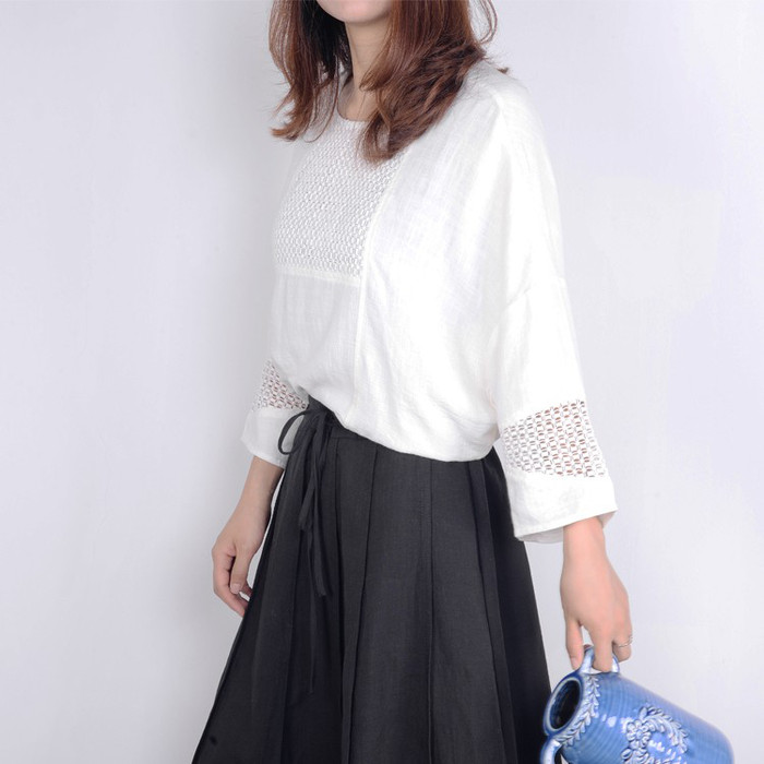 sideseam 棉麻鏤空拼接寬松**袖T恤