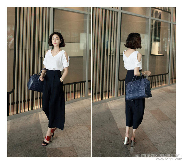 新款闊腿褲兩件套裝潮女棉麻襯衫 夏裝T恤2015韓版氣質(zhì)露肩