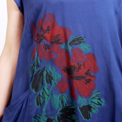 2015民族風(fēng)原創(chuàng)女裝 棉麻優(yōu)雅圓領(lǐng)短袖寬松手繪斜口袋連衣裙