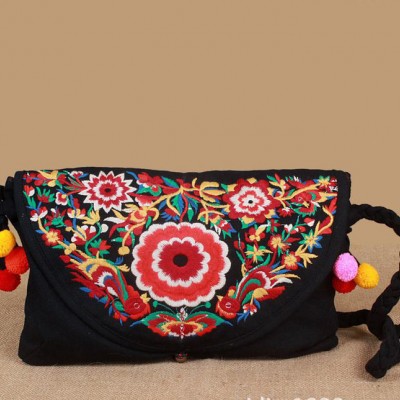混批 民族風(fēng)原創(chuàng)設(shè)計(jì) 棉麻翻蓋刺繡繡花牡丹絨球斜挎包 女包