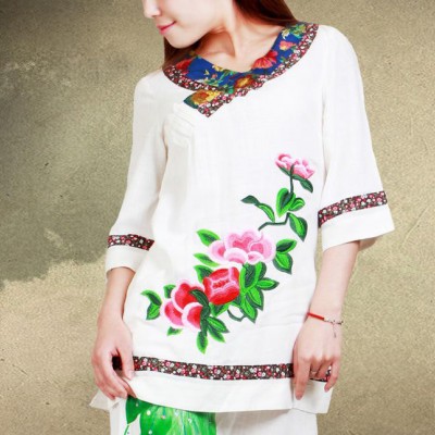 2015新款民族風(fēng)女裝 棉麻拼接花布刺繡牡丹中長(zhǎng)款V領(lǐng)7分袖