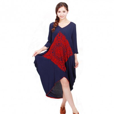 2015民族風(fēng)原創(chuàng)女裝 棉麻植絨古典不規(guī)則七分袖連衣裙 長(zhǎng)裙