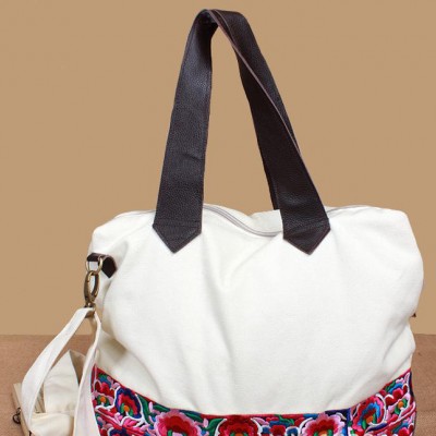 新款 民族風(fēng)原創(chuàng)設(shè)計(jì) 頭層牛皮拼接棉麻繡花單肩包 斜挎包 櫻