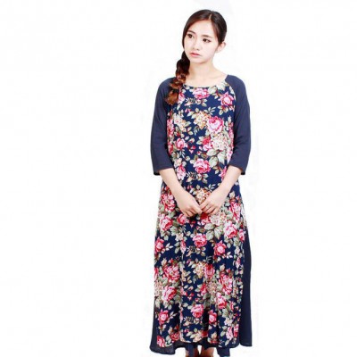 2015民族風(fēng)原創(chuàng)女裝 棉麻印花雙層文藝范七分袖連衣裙 長(zhǎng)裙