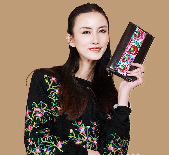 新款 民族風(fēng)原創(chuàng)設(shè)計(jì) 頭層牛皮拼接棉麻繡花長款錢包 錢夾 櫻