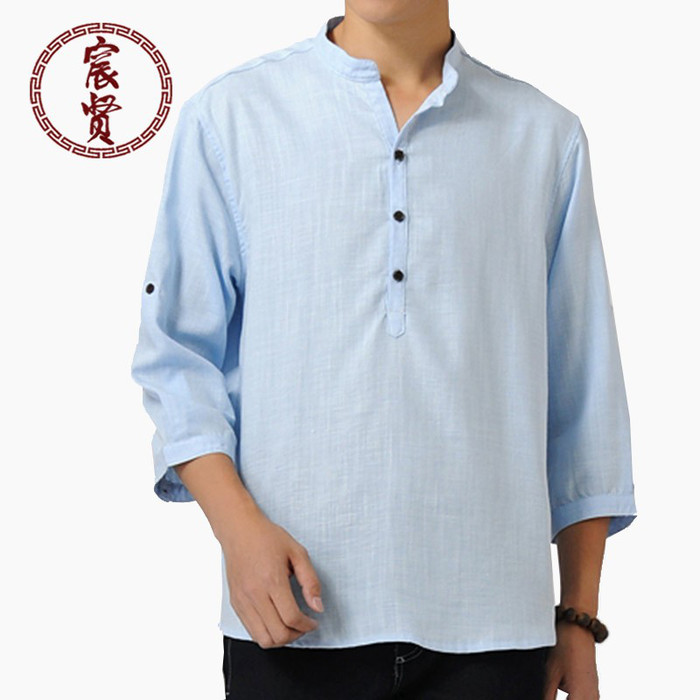 原創2017夏季新款中國民族風休閑七分袖男短袖棉麻漢服改良唐裝男