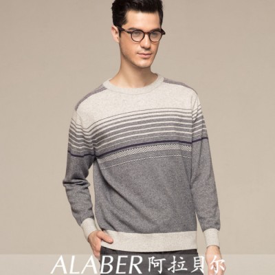 包郵新款特惠圓領100%純山羊絨男條紋冬羊絨衫提花休閑23948