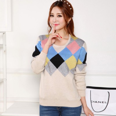 秋冬新款女羊絨加厚圓領菱形塊羊絨衫套頭羊毛衫毛衣針織打底衫                秉承精致、高雅、時尚的