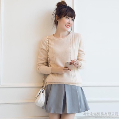 2016新款復古麻花圓領羊絨衫女士純色短款套頭修身毛衣針織打底衫