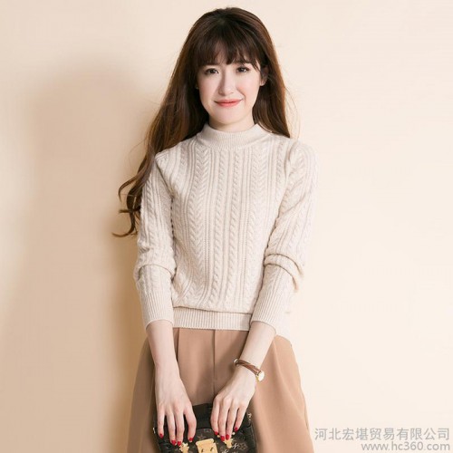 2016秋冬新款半高領加厚麻花羊絨衫女套頭短款純色毛衣針織打底衫