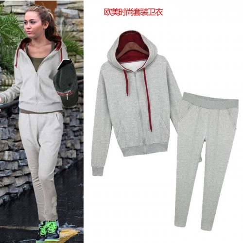 歐美時尚2014秋冬裝女裝寬松長袖連帽加厚加絨外套衛衣絨衫套裝