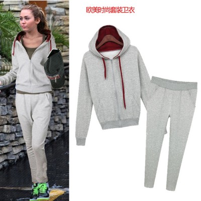 歐美時尚2014秋冬裝女裝寬松長袖連帽加厚加絨外套衛衣絨衫套裝