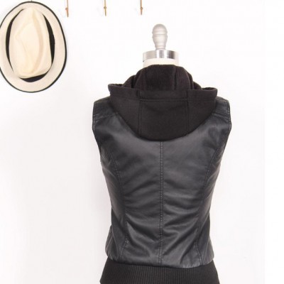 【預售】快捷鍵2013秋冬新品歐美修身無袖連帽女式PU皮衣馬甲夾克