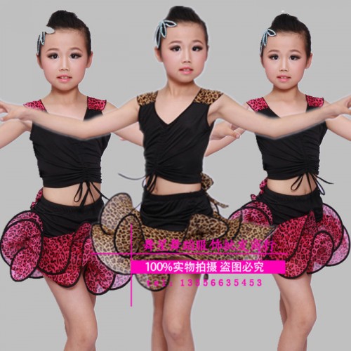 新款兒童拉丁舞服裝 豹紋拉丁舞裙分體套裝 少兒拉丁舞蹈練功裙子