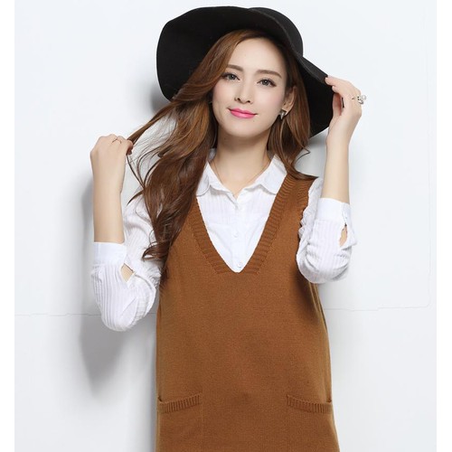 2016秋季新款V領中長款針織毛線背心下擺前短后開叉顯瘦長馬甲女