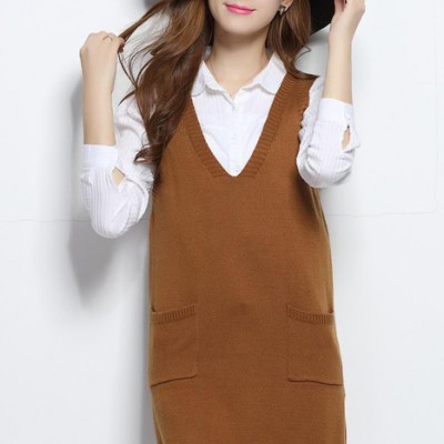2016秋季新款V領(lǐng)中長款針織毛線背心下擺前短后開叉顯瘦長馬甲女