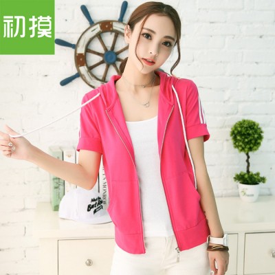 短袖衛(wèi)衣女2016韓版新款帶帽運動裝拉鏈修身薄款開衫學(xué)生休閑外套