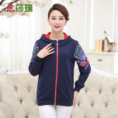 莎瑞中老年女裝印花加絨冬裝保暖衛(wèi)衣連帽外套女 中年媽媽裝春裝