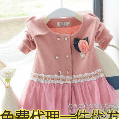 免費代理 童裝一件代發(fā) 2014春秋款女童全棉蕾絲花朵胸針風衣外套