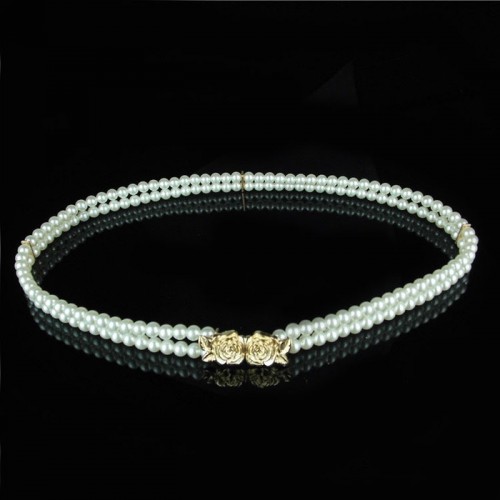 韓版珍珠腰封 女彈力腰鏈 玫瑰花扣連衣裙子裝飾帶松緊腰帶