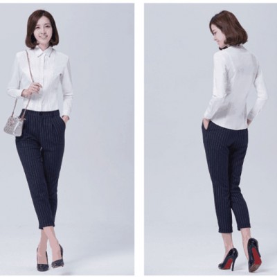 女士 修身韓版女士白色打條長袖襯衫 免燙